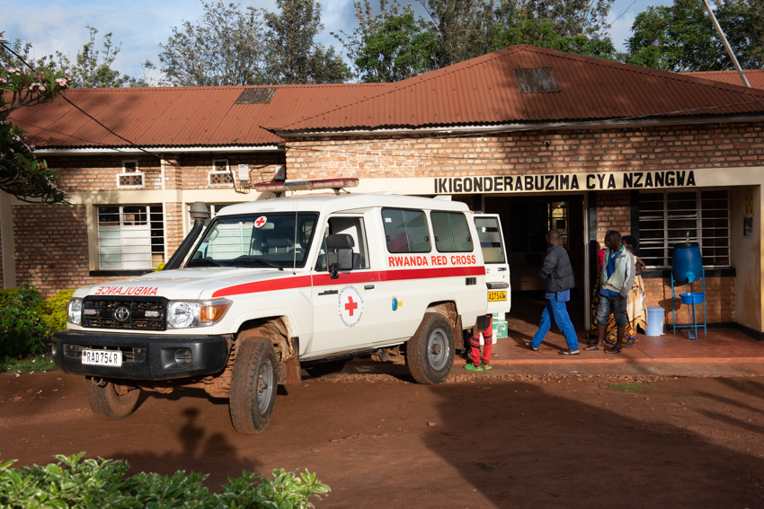 Rescue car of Rwanda Red Cross parked infront of a local hospital