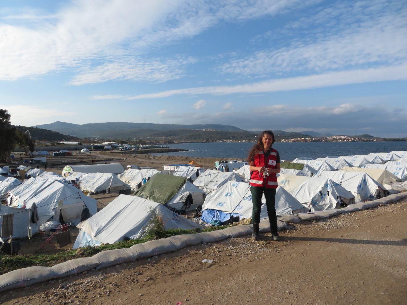 Christine Widmann in front of Kara Tepe camp